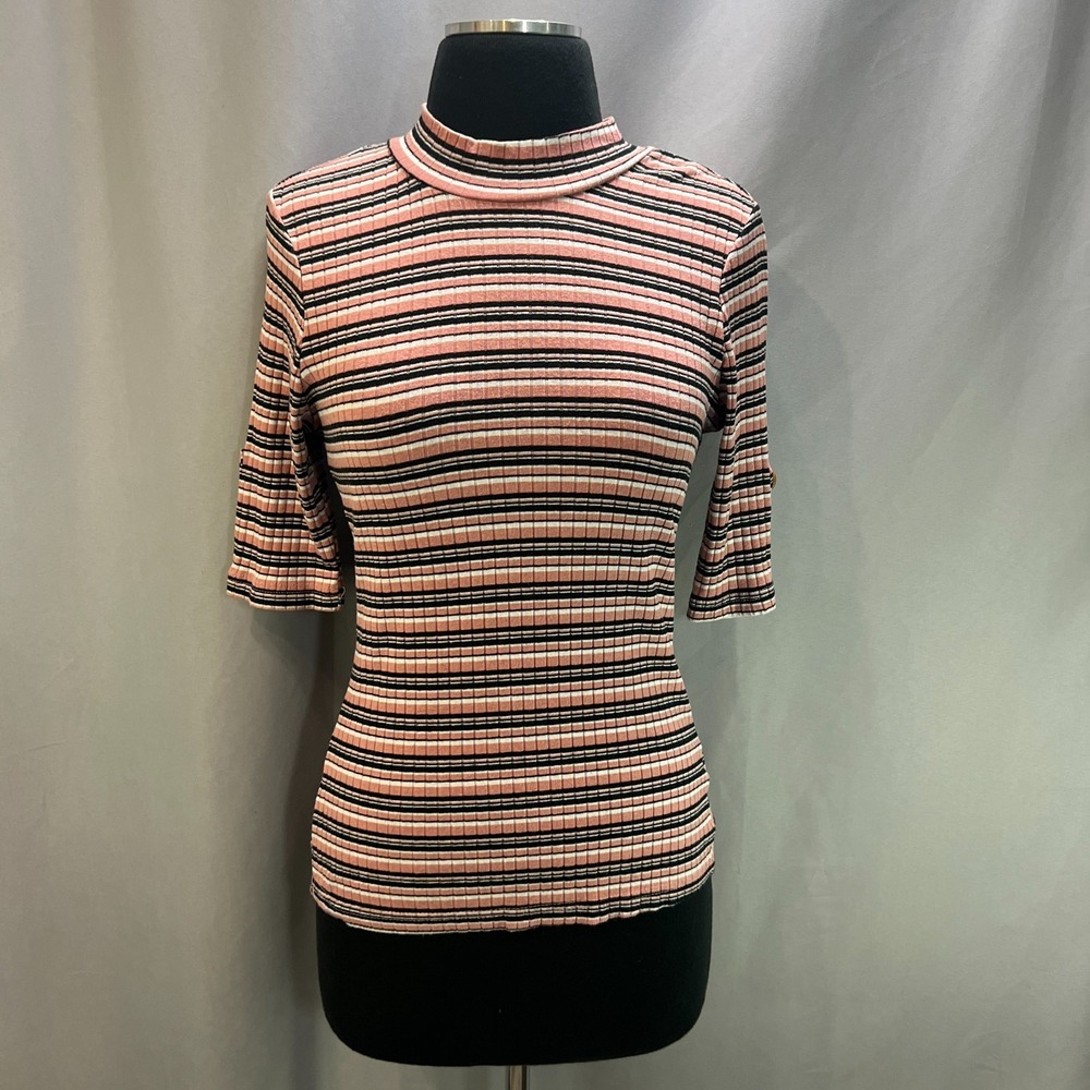 Full Circle Trends Ribbed Blouse Top Womens Large Multicolor Striped Mock Neck